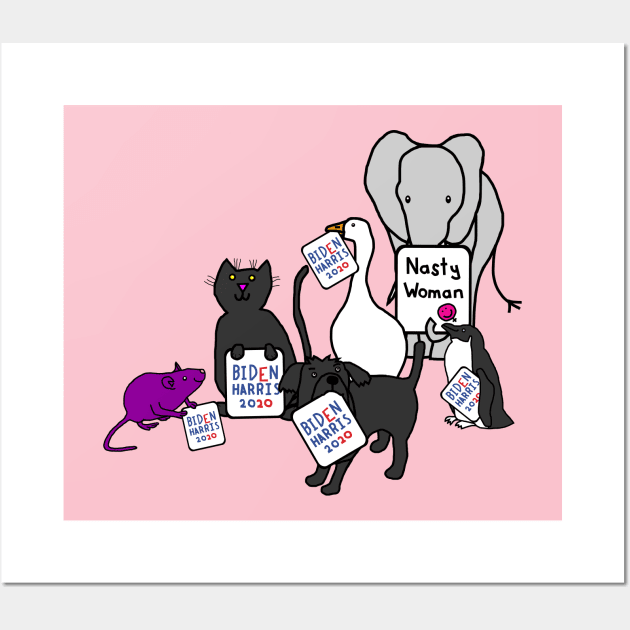 Animals with Biden Harris Signs Supporting Kamala Harris Wall Art by ellenhenryart